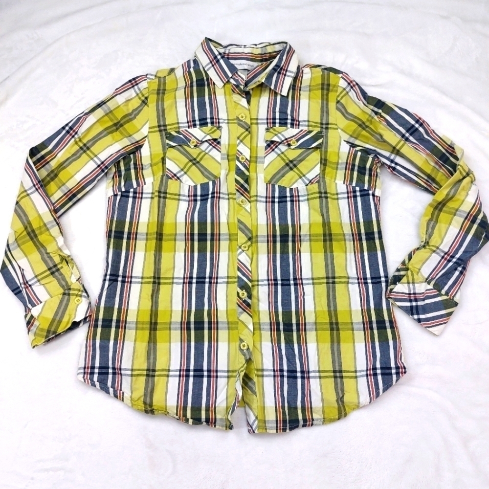 CHRISTOPHER & BANKS WOMEN'S GREEN PLAID 100% COTTON BUTTON DOWN SIZE SMALL